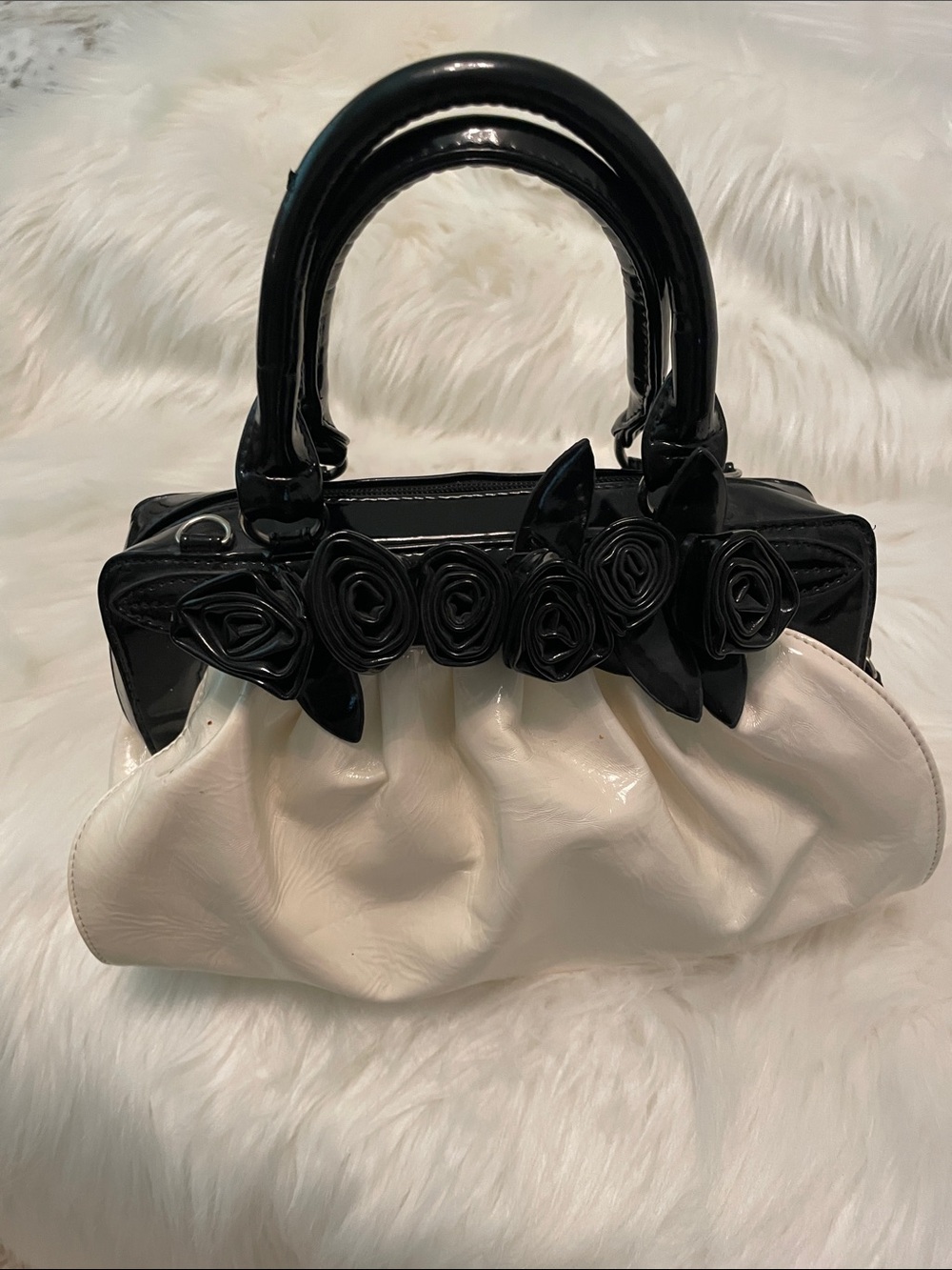 Red Coral - Two-Tone Black & Cream vegan Leather Patent Rosette Satchel